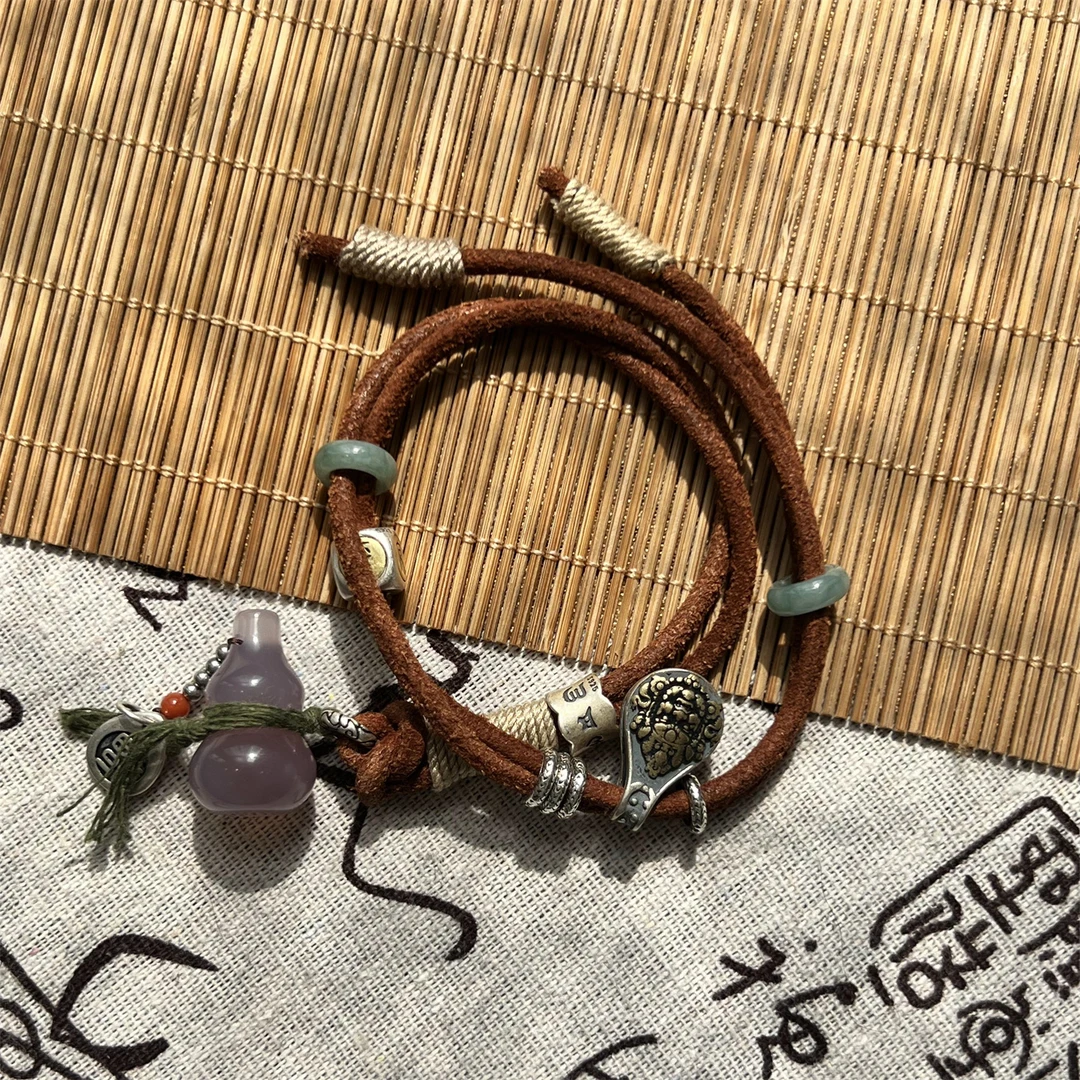 925银手链 S08927葫芦平安喜乐骰子吉言黄财老爷皮绳手链女民族风