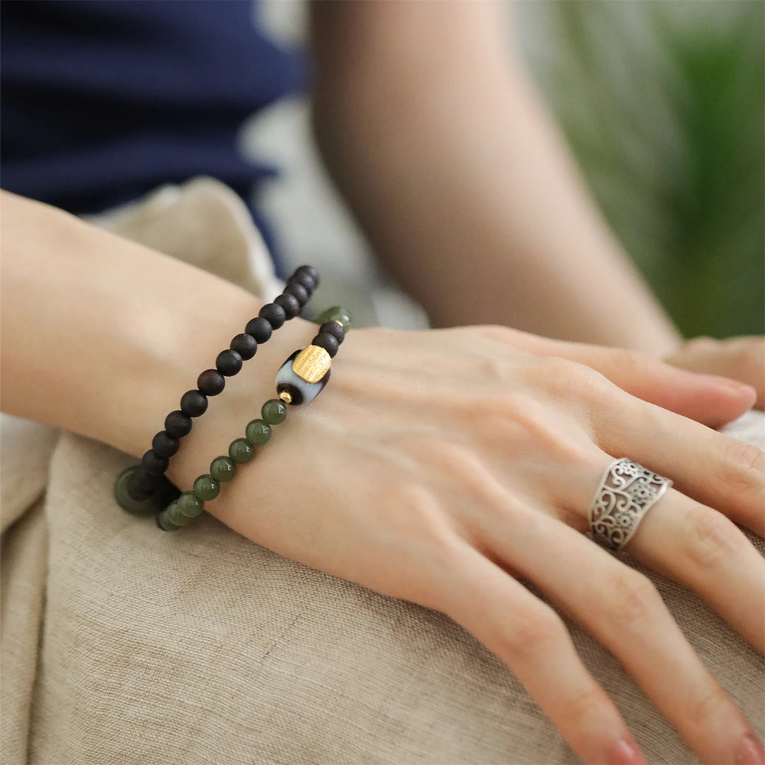 925银木质手链 S08680 《牙牙五条》黑色拼接串珠手链双11平替好物