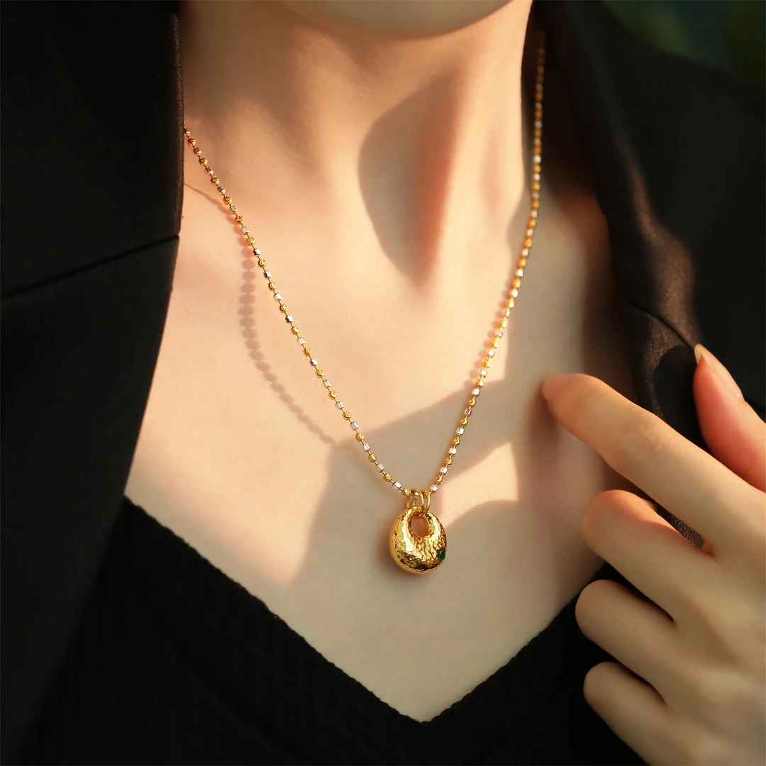 坠链均925银 M7454 称心如意吊坠方珠月亮纹银项链设计感锁骨链