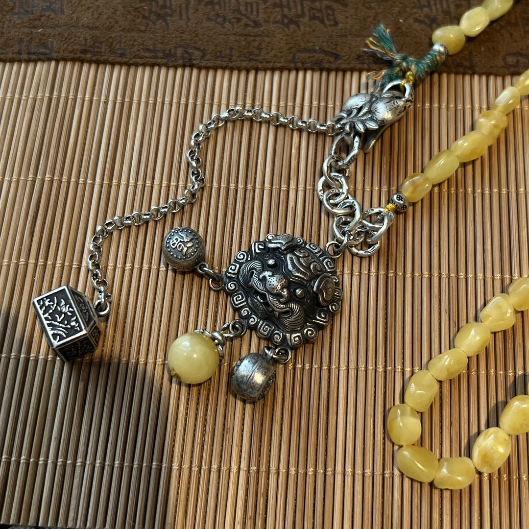 吊坠925银 N16749 吞米兽醒狮流苏印章黄色串珠银饰吊坠项链