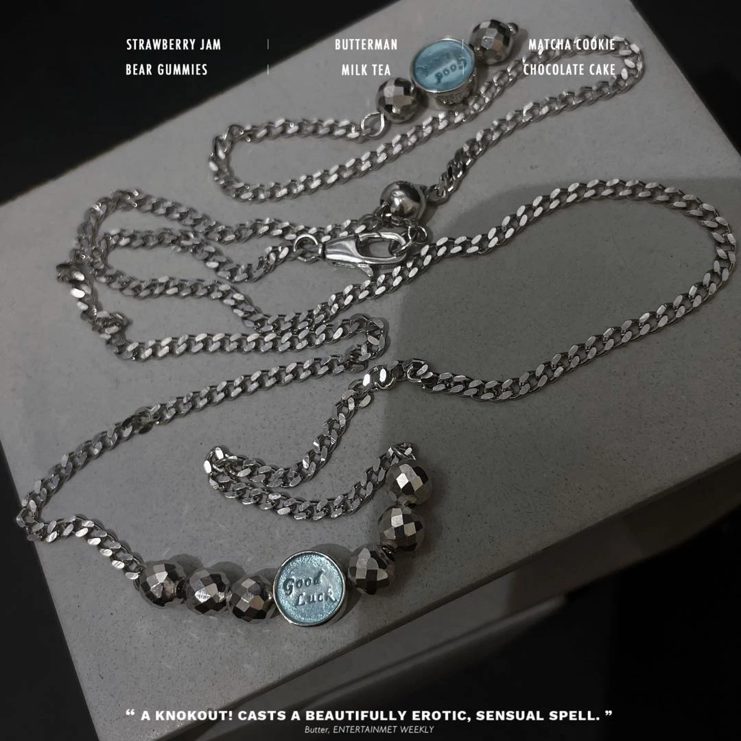 坠链均925银 N12668 蓝色GOODLUCK抽拉项链简约 百搭小众个性拼接