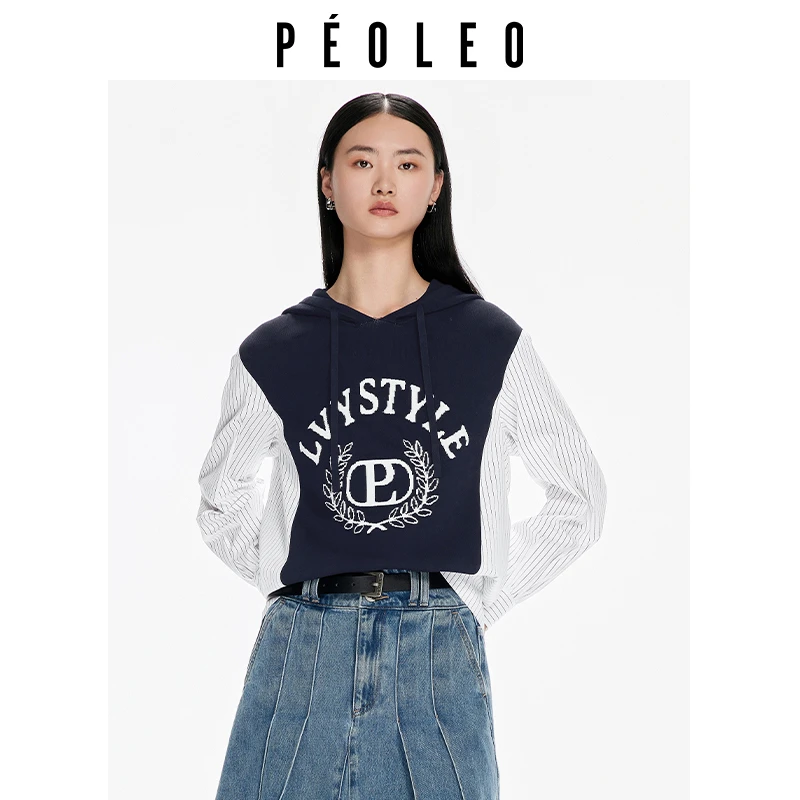 飘蕾假两件拼接2024秋季新款时尚减龄设计连帽条纹上衣PM8207103