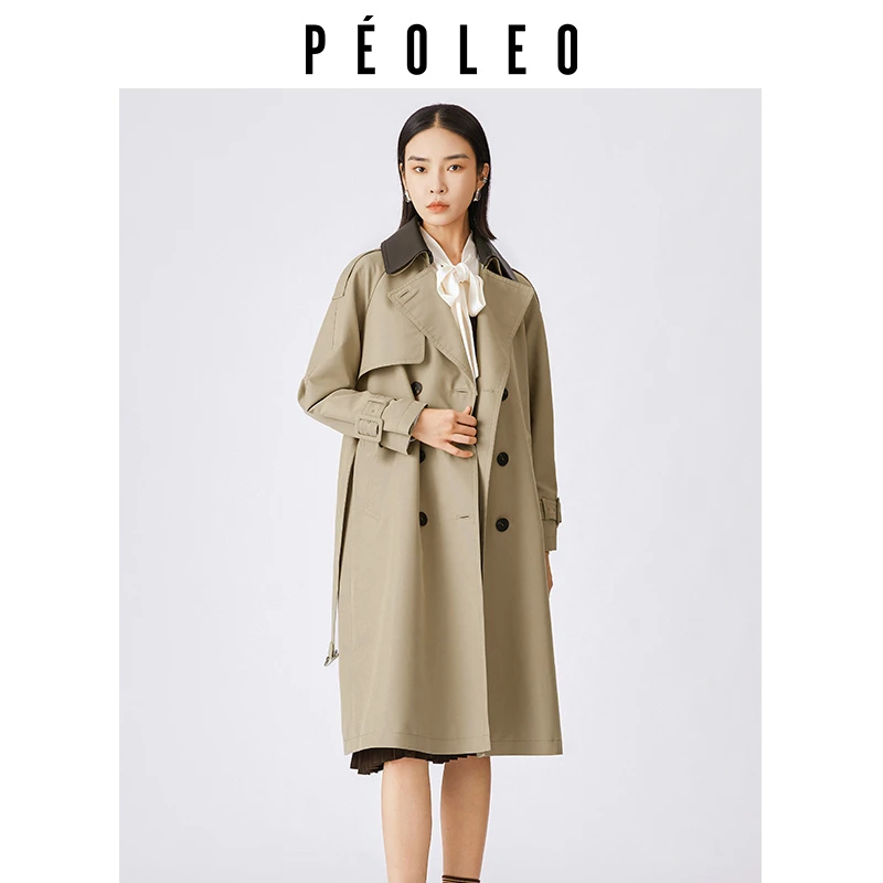 飘蕾春季新款时尚经典卡其色翻领双排扣长款风衣外套PM1203059