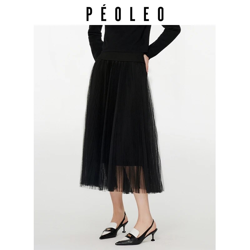 飘蕾2024冬季新款时尚百搭通勤遮胯黑色网纱半身裙PM0115059