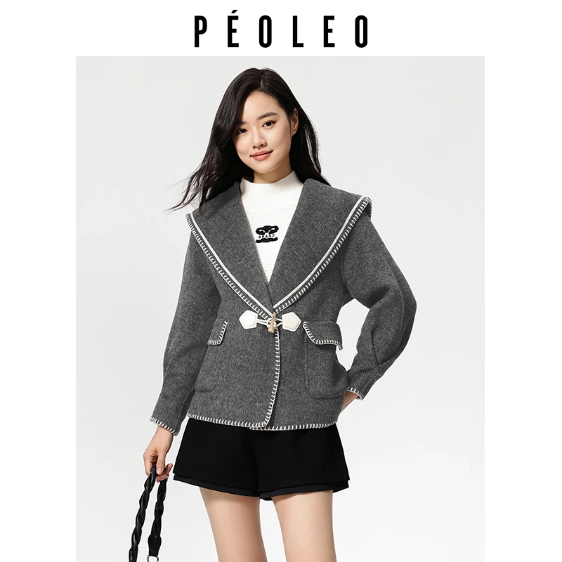 飘蕾2024冬季新款深灰色双面呢大衣披肩显瘦撞色外套DK0104608