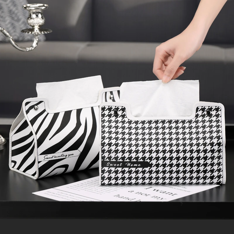 纸巾盒风千鸟格北欧简约餐巾纸抽盒客厅收纳盒车载轻奢抽纸盒ins