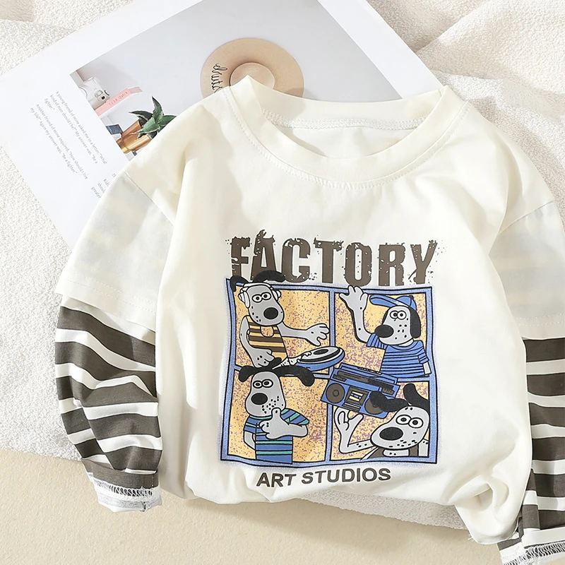 儿童纯棉假两件长袖T恤秋季新款中小童洋气休闲上衣英文百搭t上衣