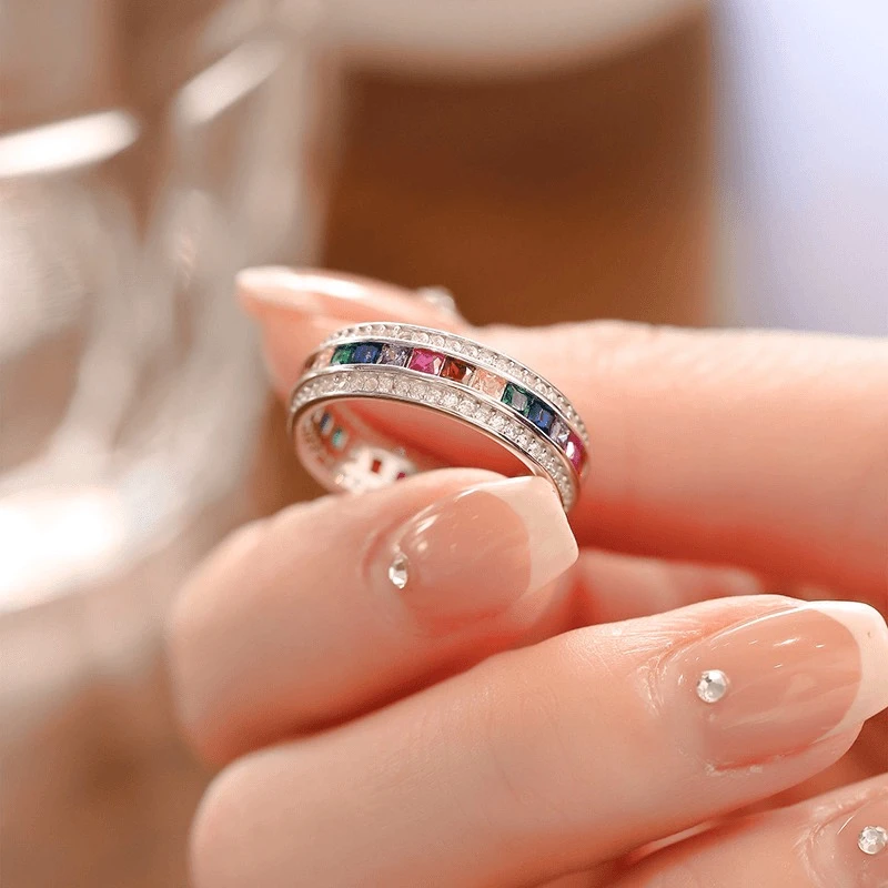 925银合成锆石戒指 重工百搭个性气质彩虹戒指1150