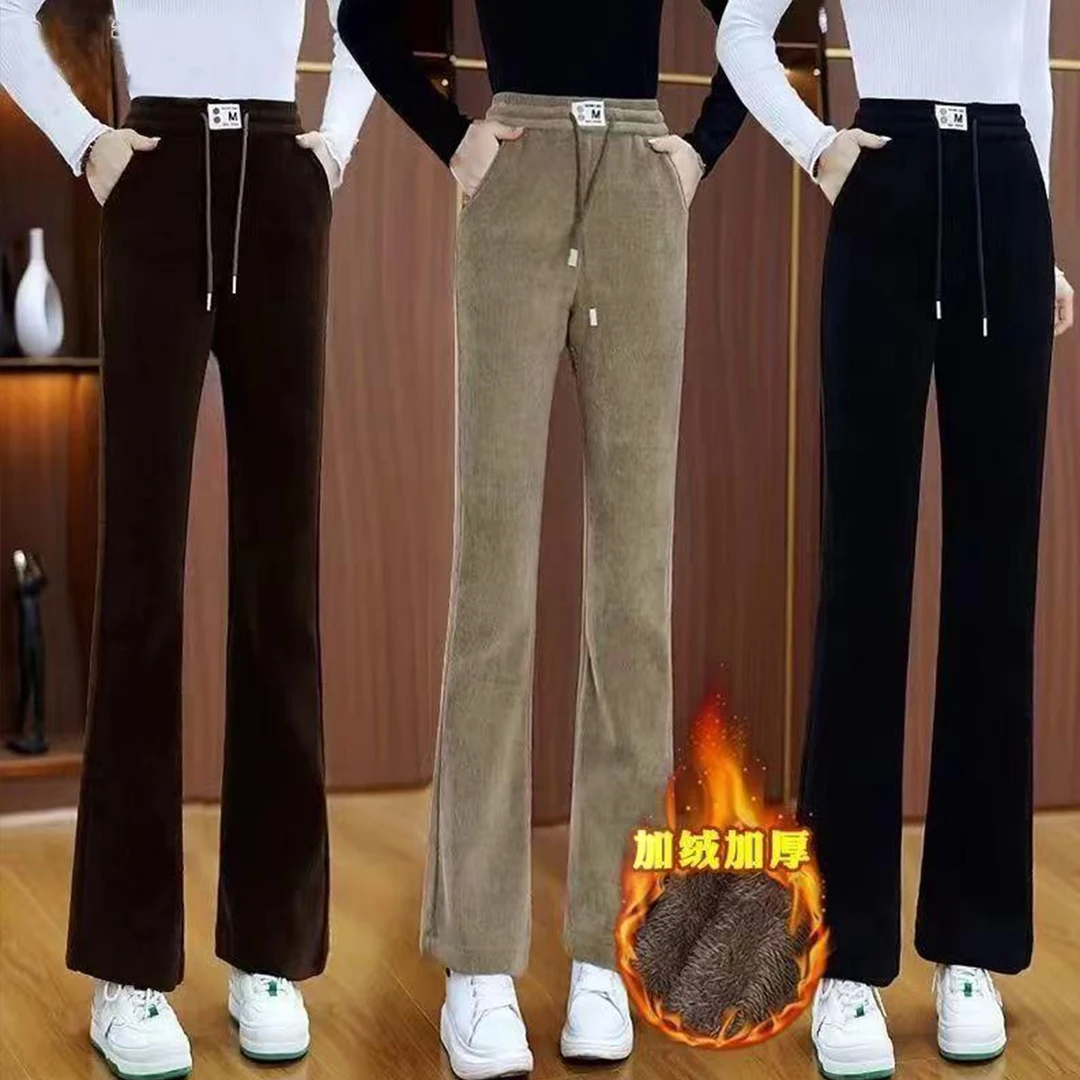 2024新款女秋冬季欧棉绒微喇裤休闲运动中老年高腰显瘦喇叭裤长裤
