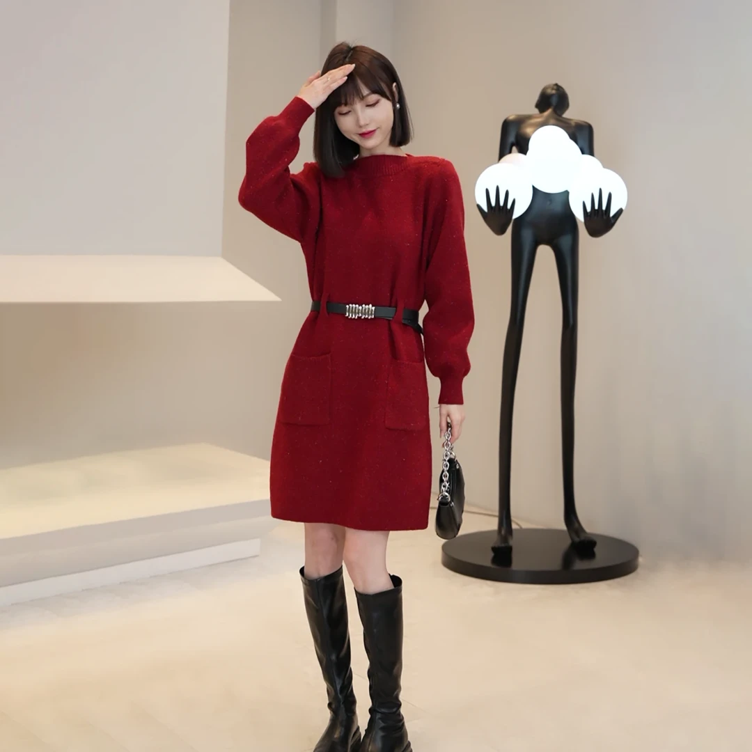 针织连衣裙女气质亮丝高级感秋冬百搭收腰配大衣内搭小个子毛衣裙