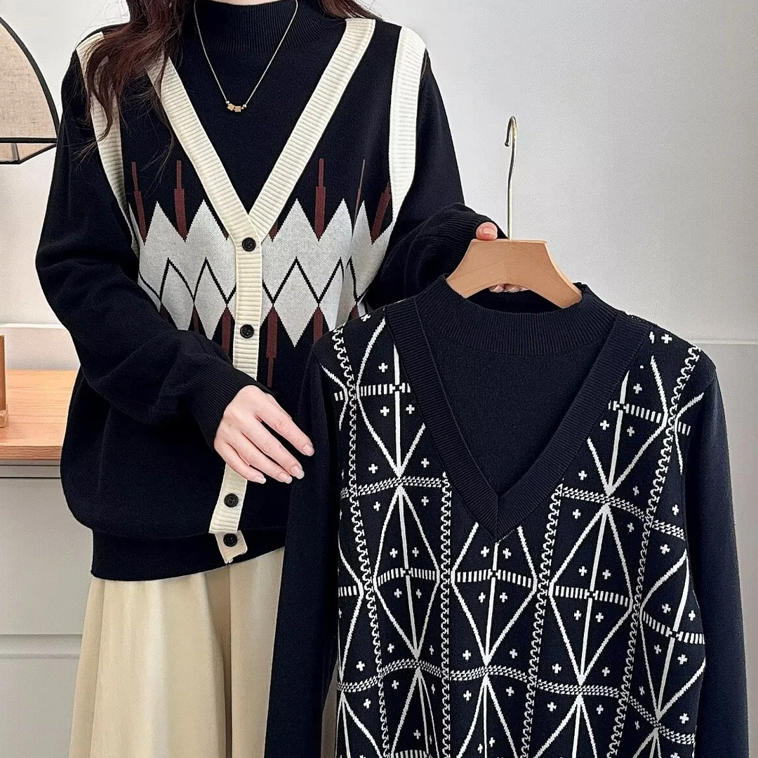 大码女装 胸106-124 假两件针织毛衣515#