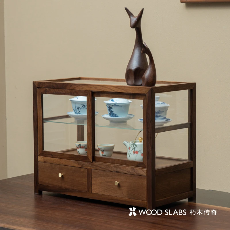朽木传奇黑胡桃双抽横储物简约防尘高透置物展示柜 50.5*24.5*39