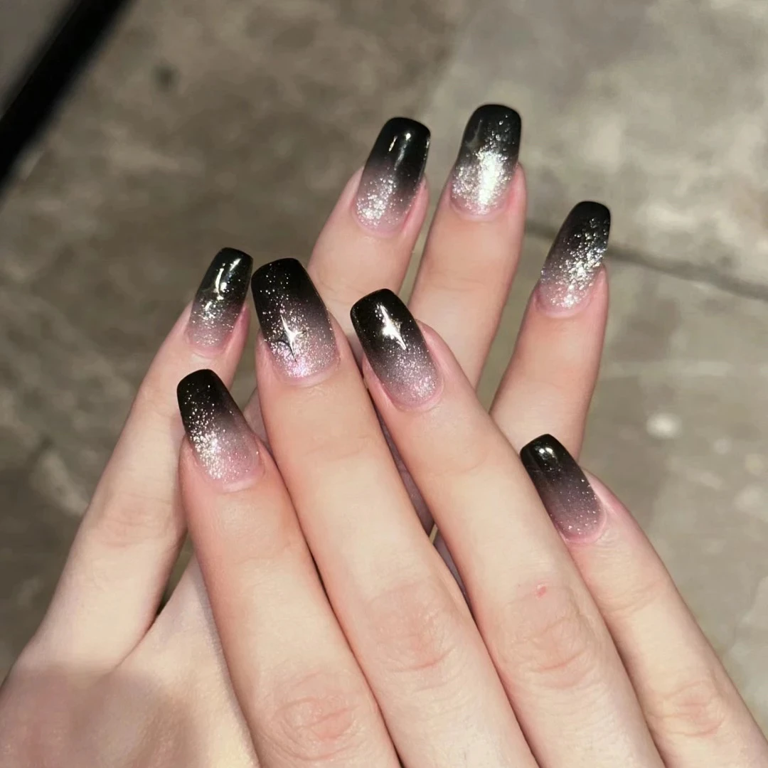 B56新款爆闪渐变酷黑星光高级百搭显白指甲贴片