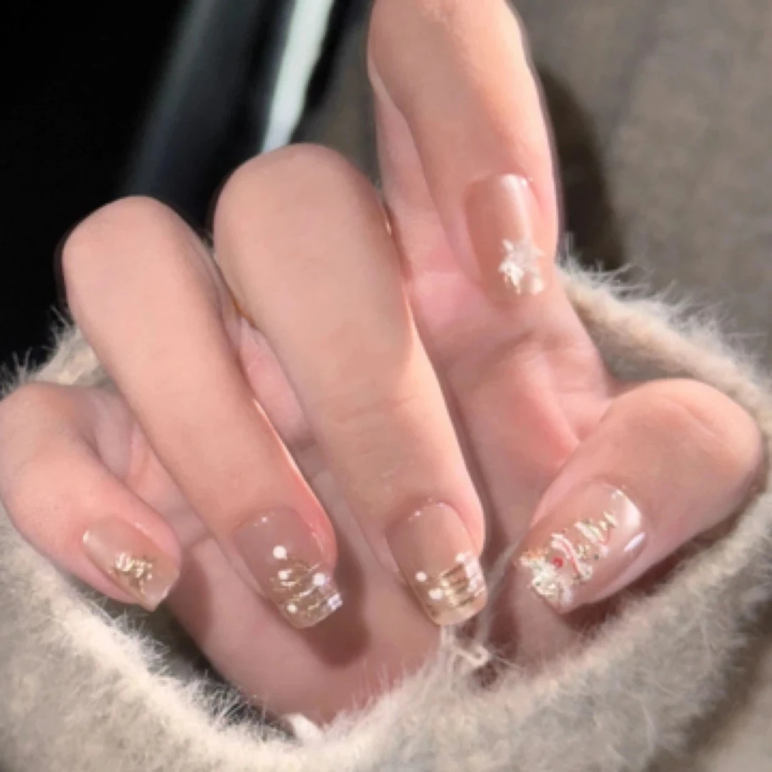 B52新款穿戴甲美甲秋冬立体鎏金圣诞雪花猫眼显白可拆卸美甲贴片