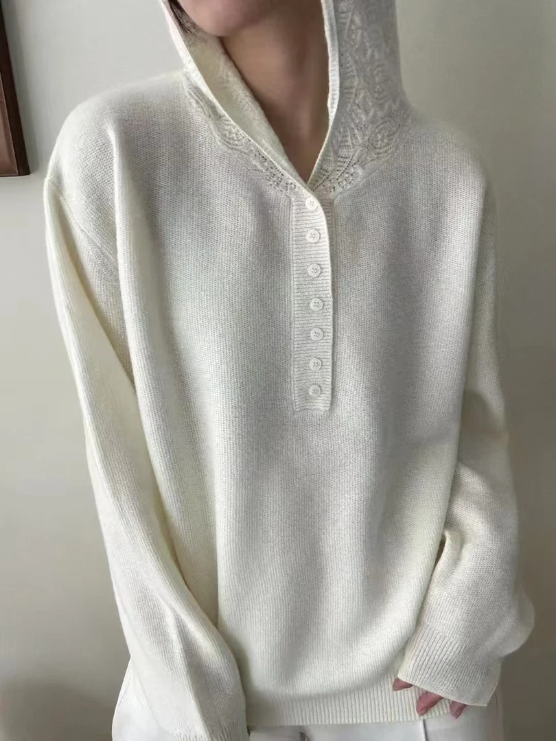 韩版慵懒风蕾丝拼接连帽针织衫女秋冬新款毛衣宽松显瘦百搭胖妹妹