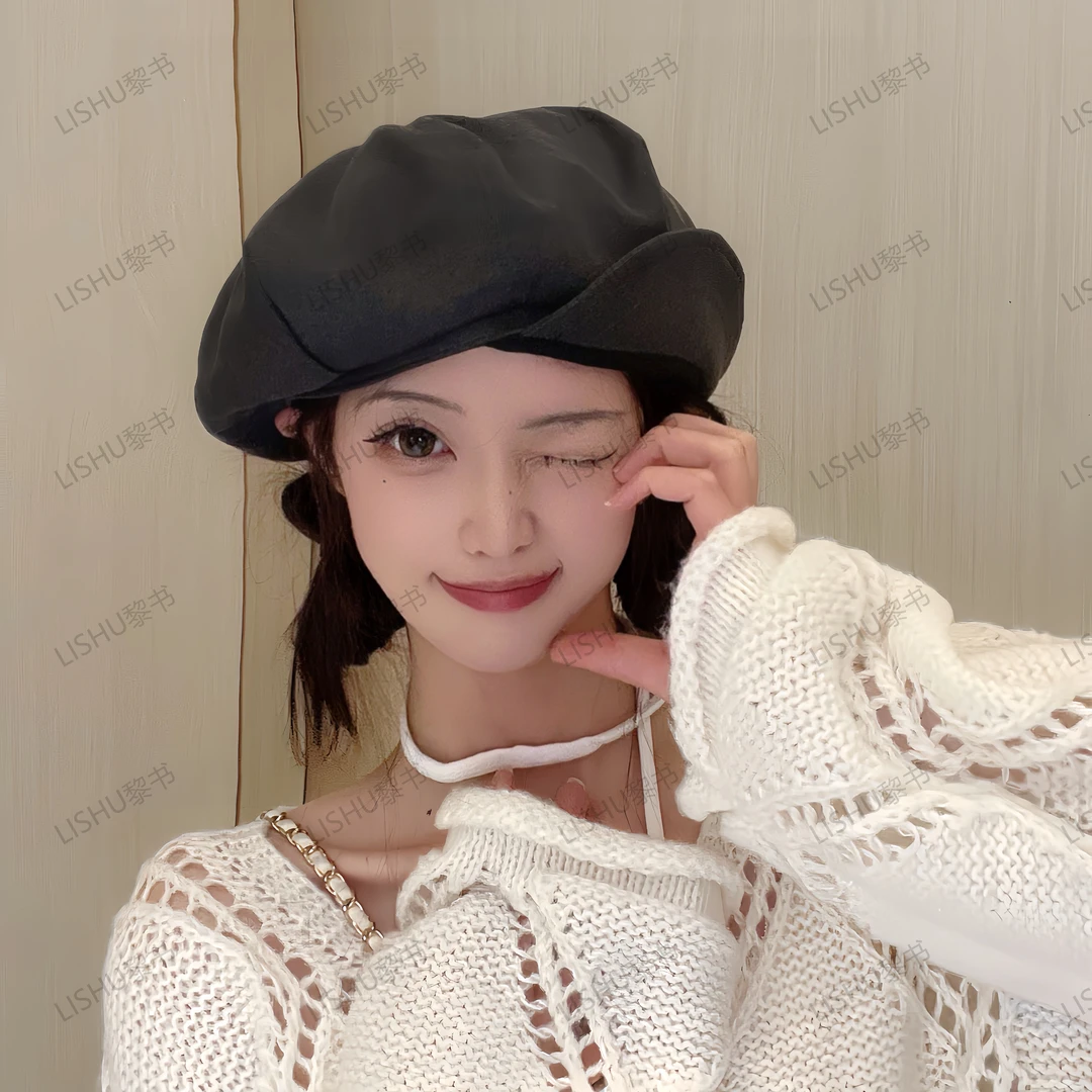 【一帽三戴】日系显脸小贝雷帽子女秋冬季大头围八角云朵帽复古文艺