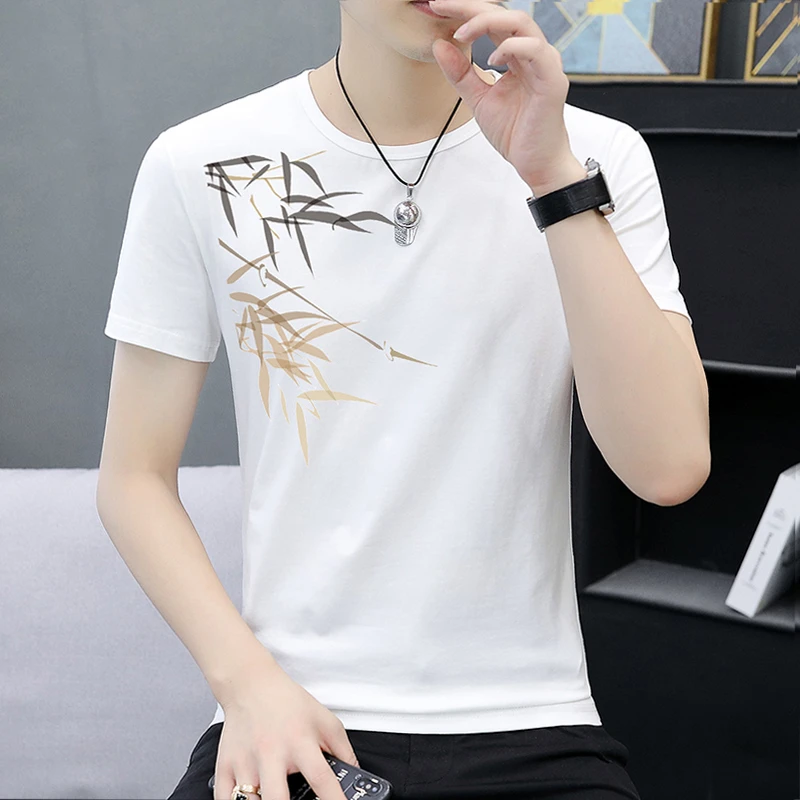 夏季纯棉男士短袖t恤潮流百搭白色T恤男大码竹子潮牌男装体恤半袖