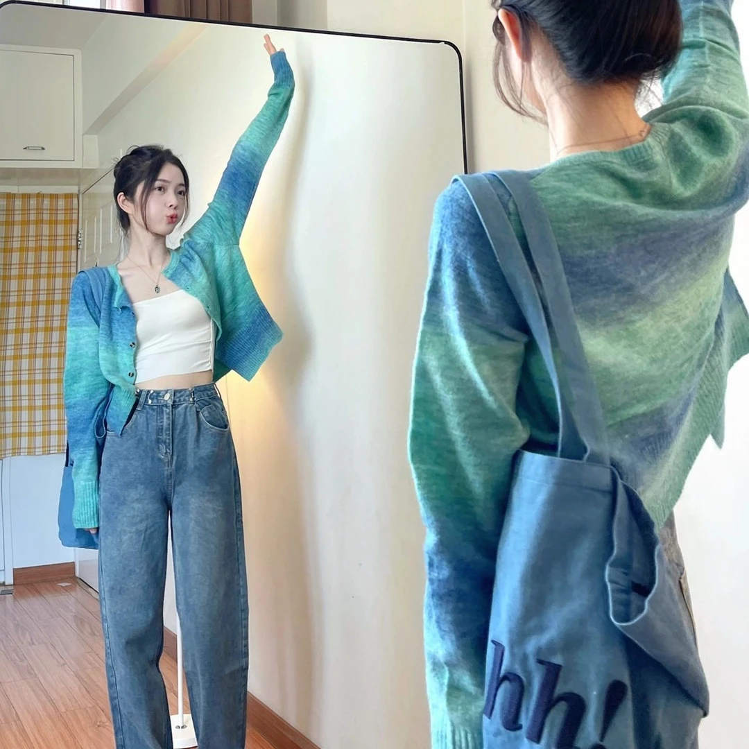 扎染针织开衫短款毛衣春秋设计感小众新款2024外套女小个子上衣薄