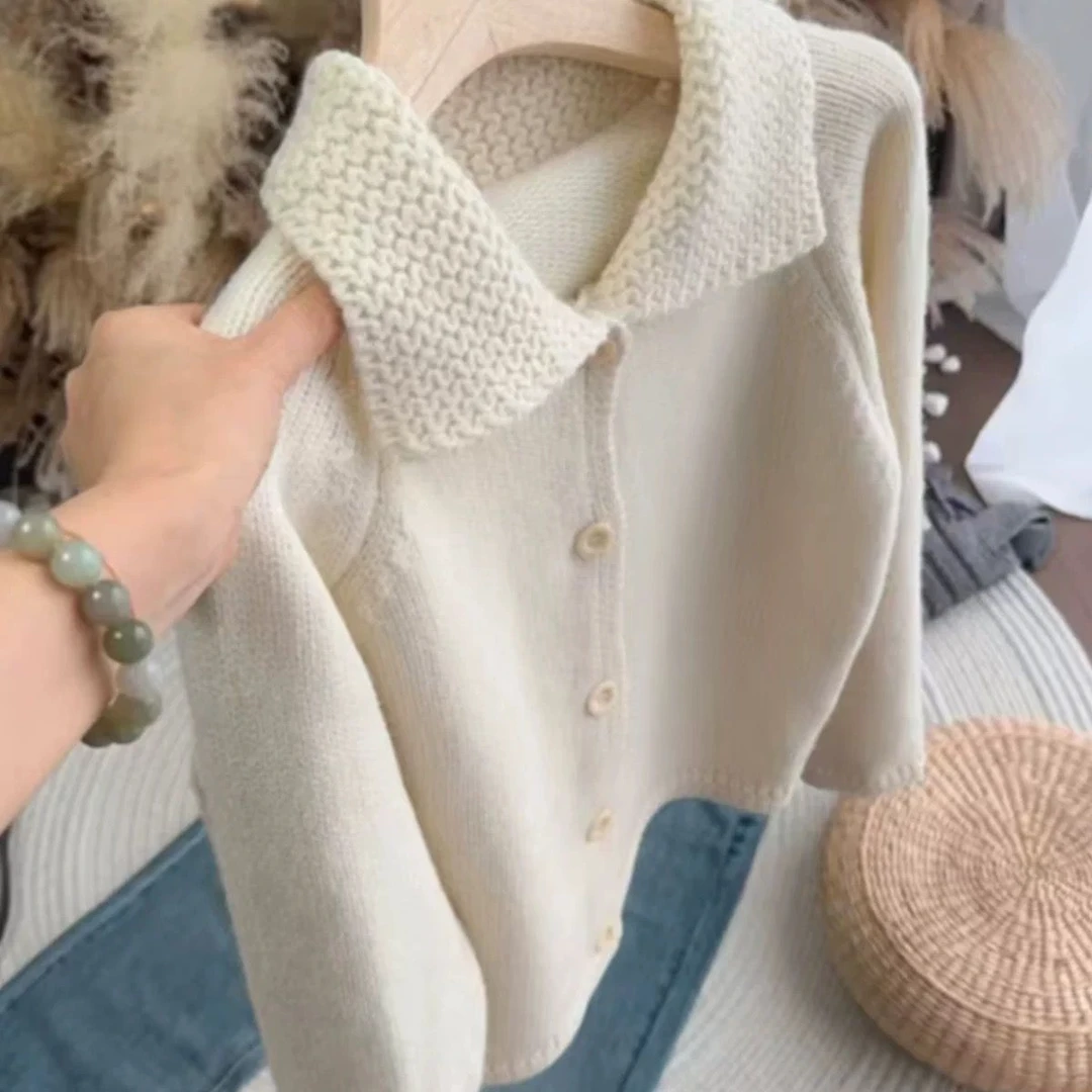 日系慵懒复古毛衣外套秋冬宽松软糯翻领针织开衫遮肚显瘦短款上衣