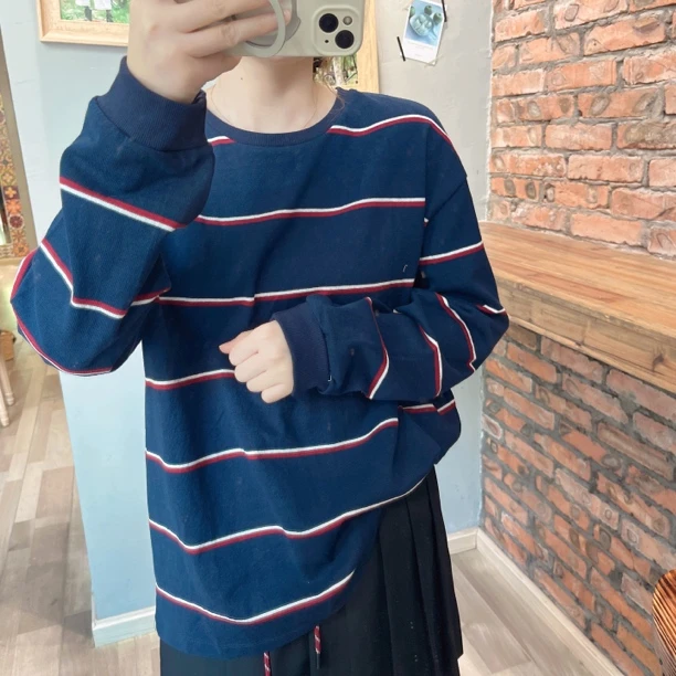 韩国秋款福利款全棉藏青色彩条纹长袖T恤