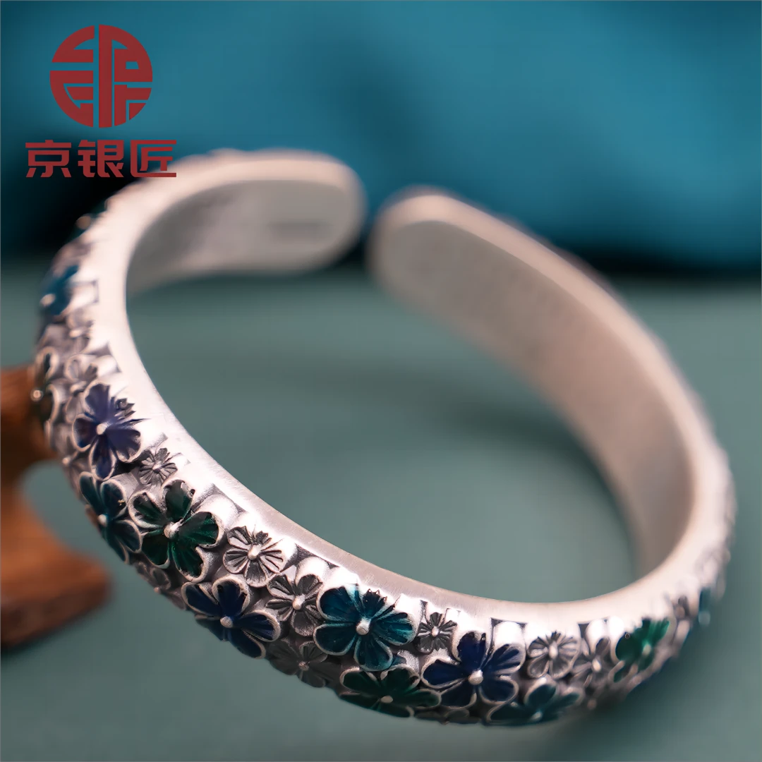 足银手镯 精美蓝色时尚复古纯手工民族风雕刻锤纹古风镯子银制品