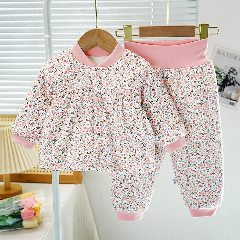 小童秋冬新款150克棉衣套装冬季棉袄棉裤外穿女宝公主款洋气套装D