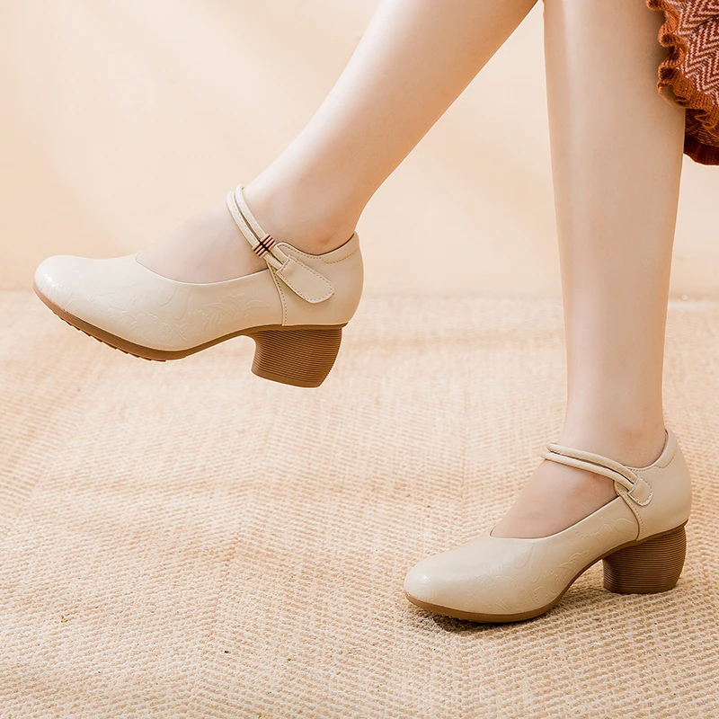 23820春季新款单鞋新中式旗袍鞋妈妈鞋软底舒适百搭粗跟女鞋单鞋