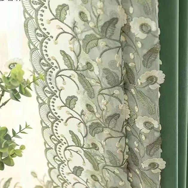 轻奢窗帘立边绿色绣花立体浮雕北欧风格约65厘米宽窗帘侧边纱海盐