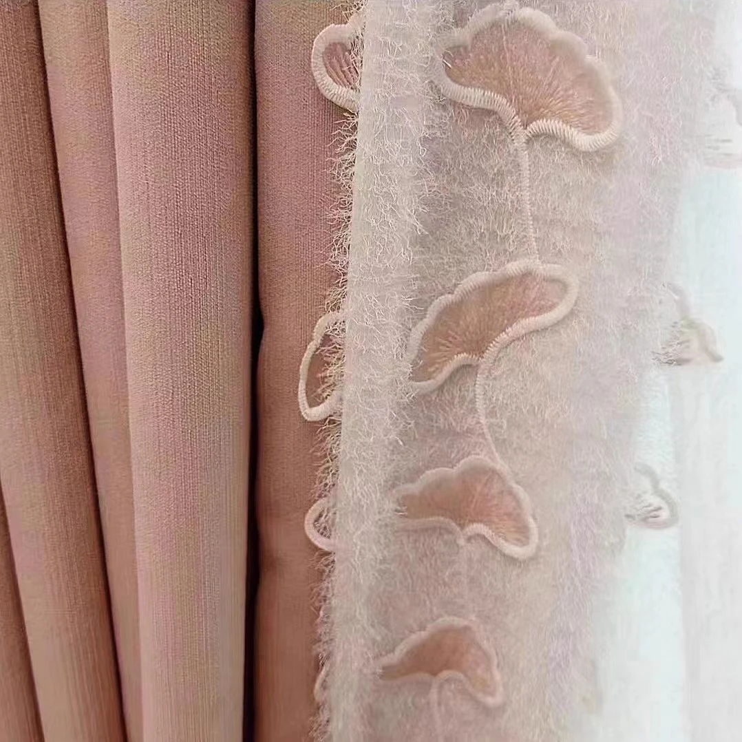 新款窗帘侧挂纱边窗帘配件花边装饰立边纱浅粉银杏叶单边宽度