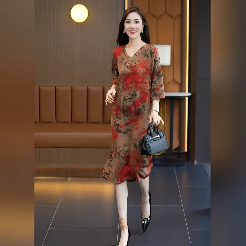 妈妈装早秋夏时尚中长款中袖气质洋气中年女士复古优雅连衣裙