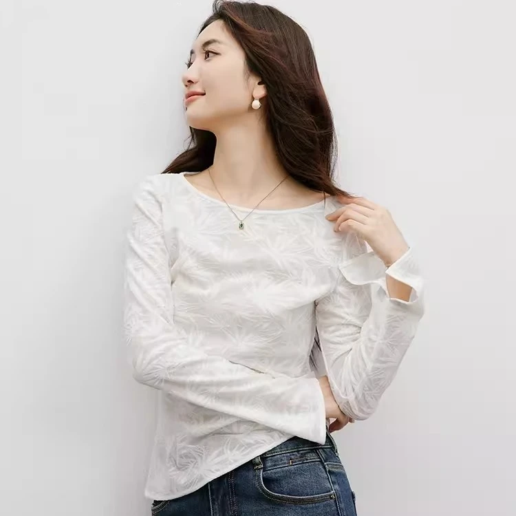 设计感提花T恤秋季2024新款女装不对称收褶正肩船领显瘦上衣