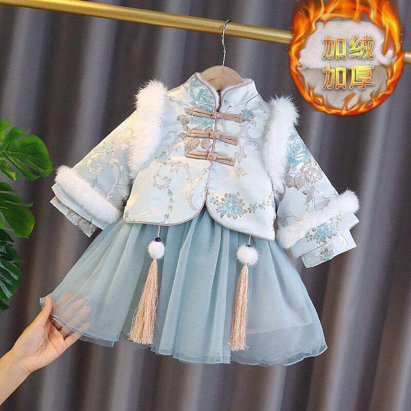 【冬季大促】女童唐装套装新款冬汉服加厚加绒公主呢子连衣裙中国风