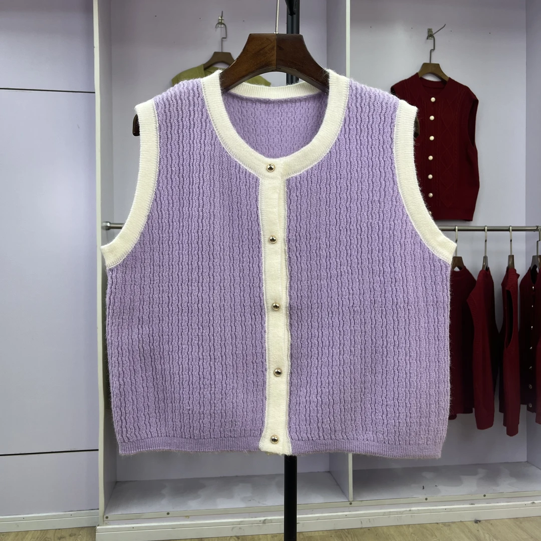 463 2024秋冬新款百搭针织马甲女韩版紫色无袖坎肩背心外穿毛衣潮