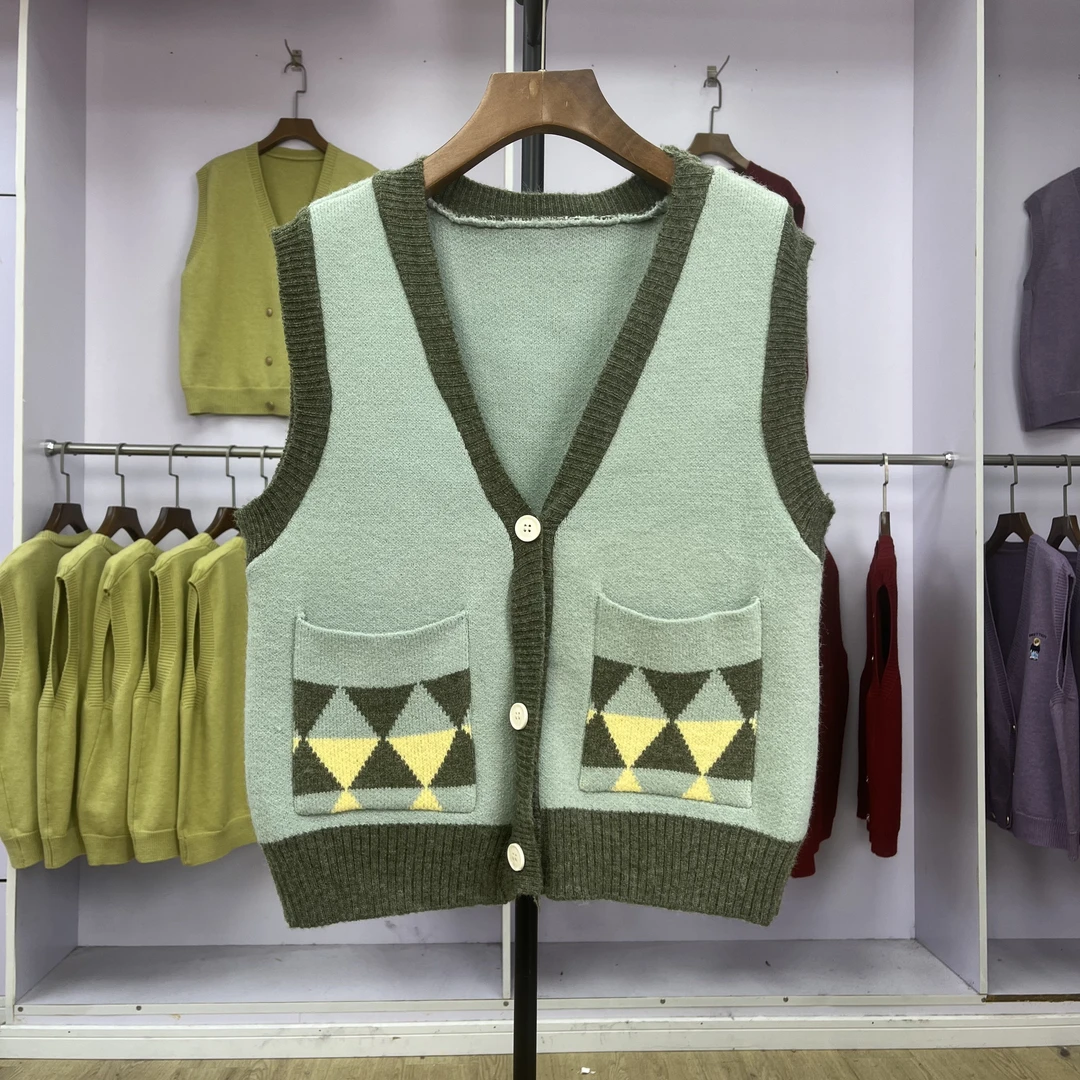 132 撞色双口袋针织马甲背心百搭学院风韩版坎肩上衣叠穿外搭秋冬