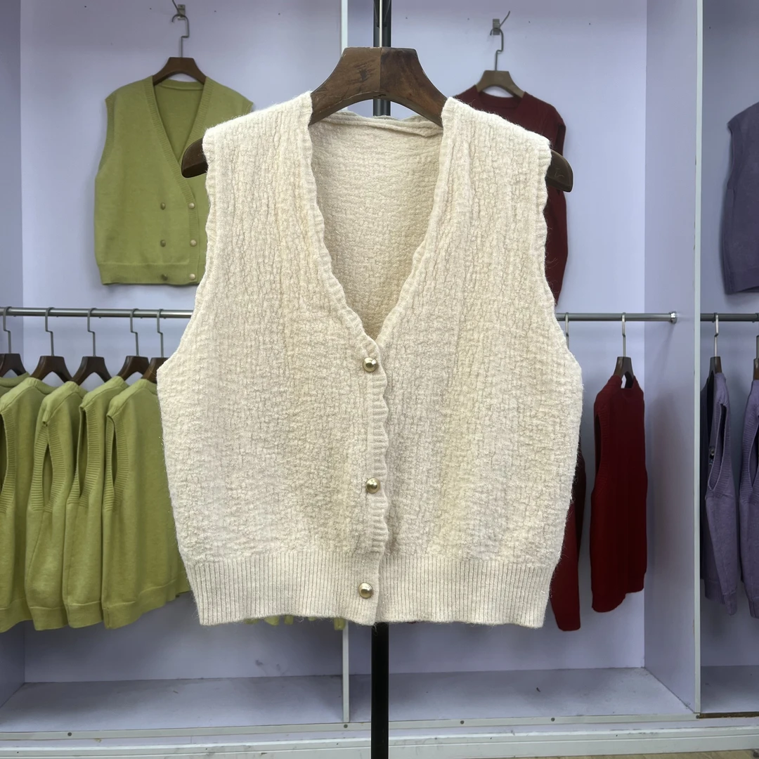 419 韩版无袖短款V领开衫新款复古纯色温柔系洋气坎肩外搭上衣女