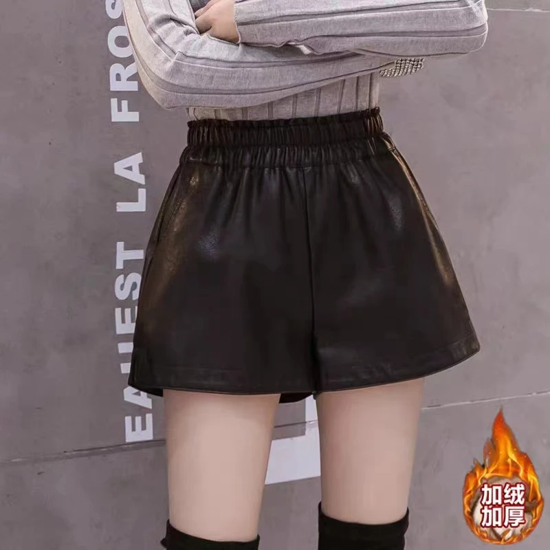 【加绒款】523款皮短裤百搭显瘦中腰加绒加厚a字松紧宽松冬季皮裤