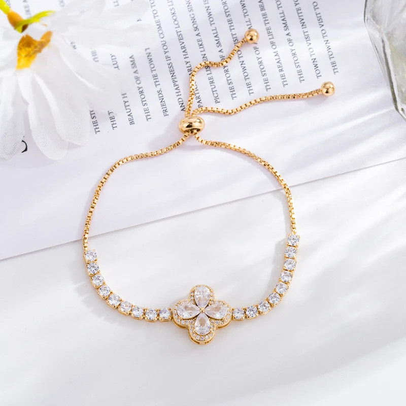 铜合金合成锆石手链 SL925 轻奢小众素四叶草设计感简约手链气质