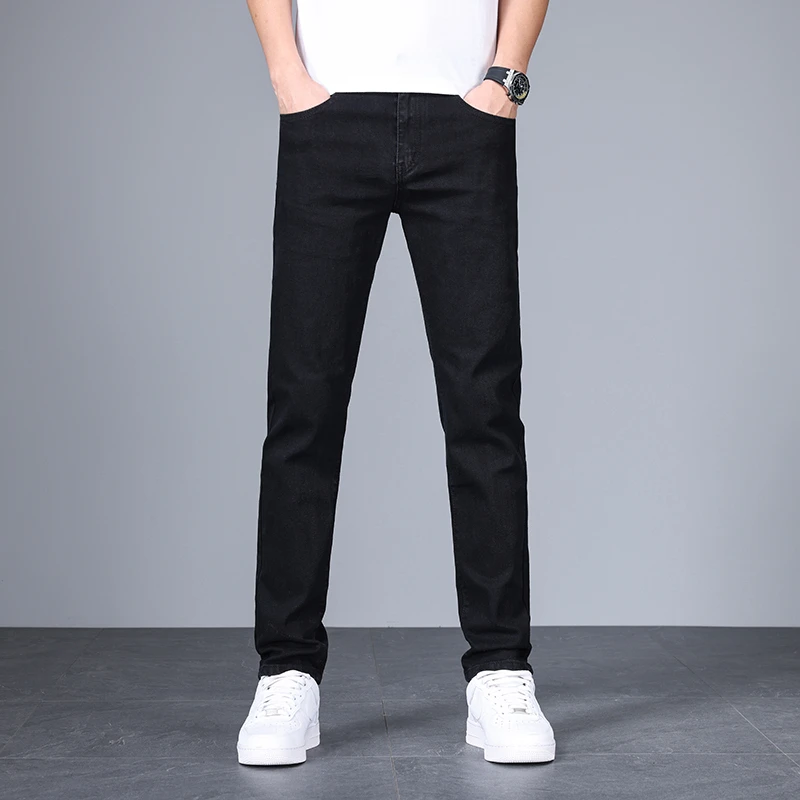 秋冬款牛仔裤男士纯黑小直筒弹力修身百搭加厚加九分长裤子潮流