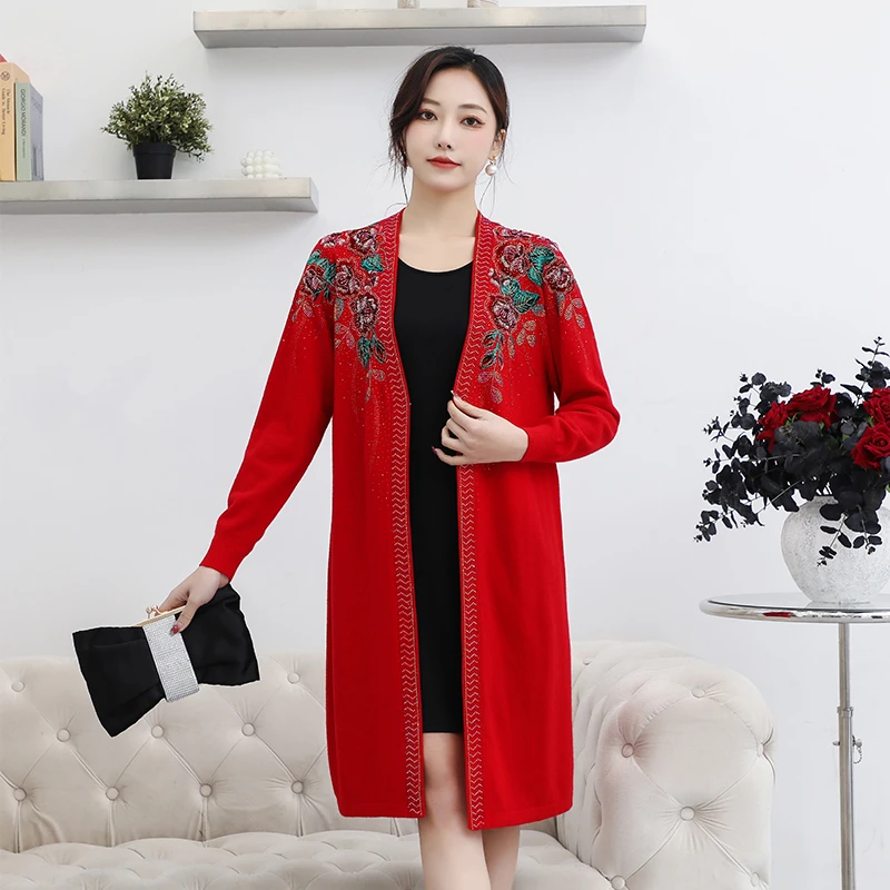 荣澜款中老年妈妈长款针织衫毛衣开衫外套大码女装3091