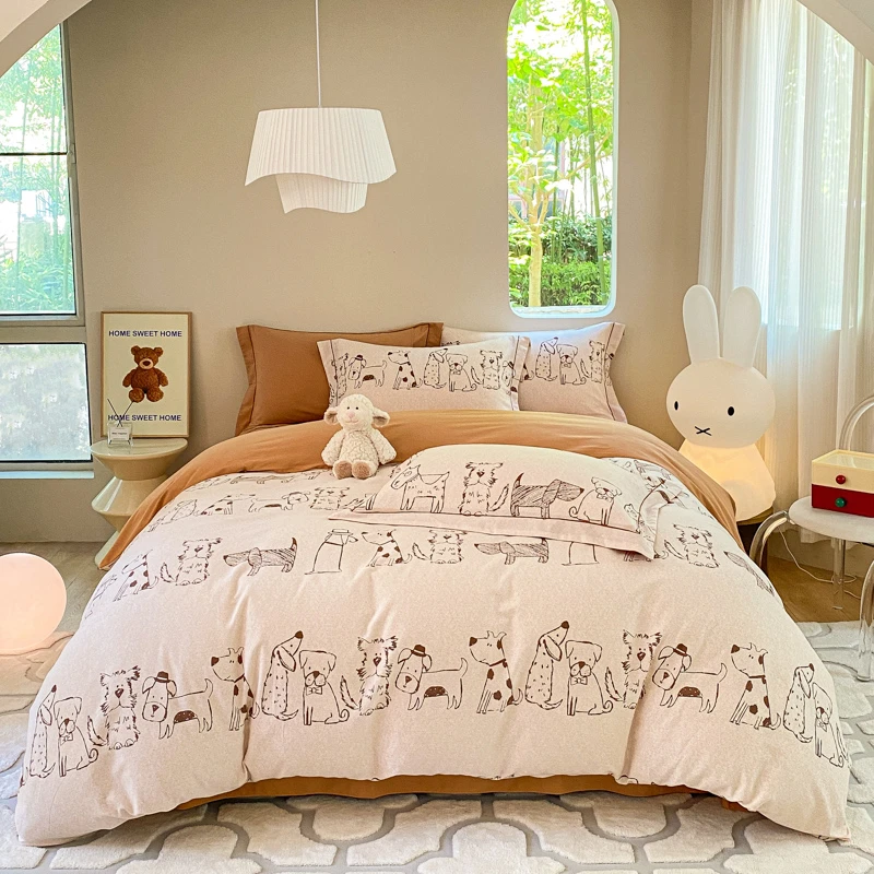 小清新卡通全棉磨毛四件套秋冬加厚保暖儿童纯棉被套床单三件套