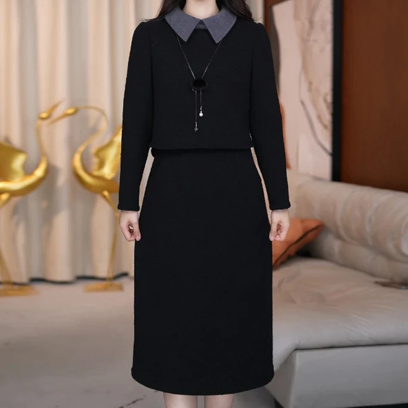 连衣裙小香风显瘦气质时尚黑色名媛秋冬长袖轻奢女神修身送项链