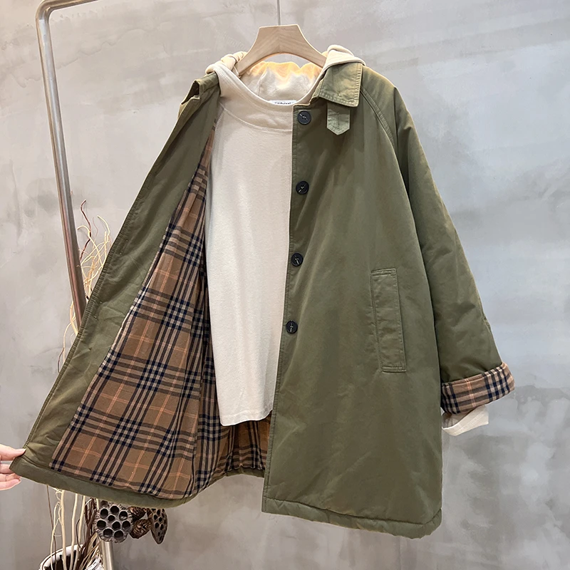 冬季新款加棉加厚大版宽松显瘦纯色风衣外套韩版休闲中长款棉服女