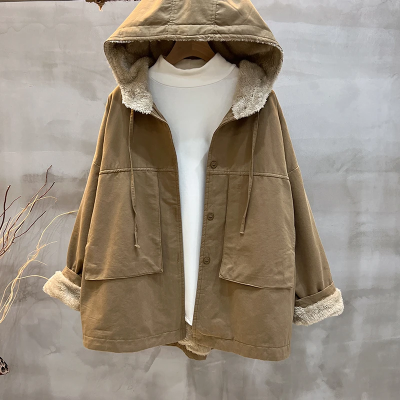 UU--秋冬新款棉衣外套女复古宽松休闲百搭上衣加厚加绒连帽棉服