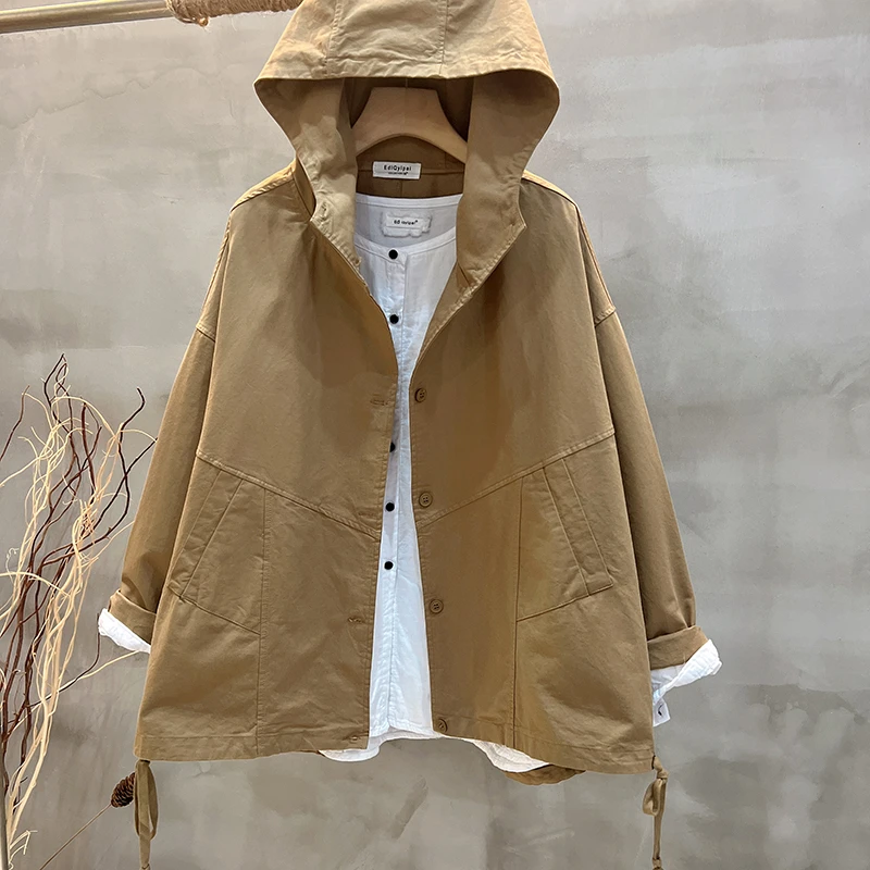 春季新款洗水棉纯色连帽宽松休闲短外套韩版百搭长袖短款外穿女装