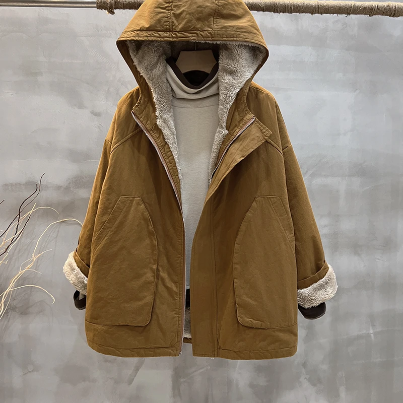 秋冬新款百搭韩版休闲宽松大码加绒加厚连帽棉衣外套女装保暖棉服