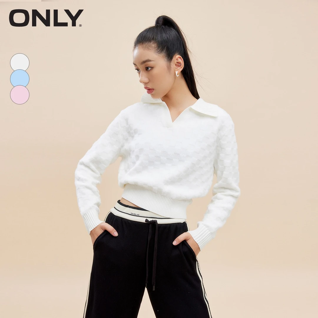 ONLY早秋新款设计感时尚POLO领棋盘格螺纹长袖针织衫女|123413048