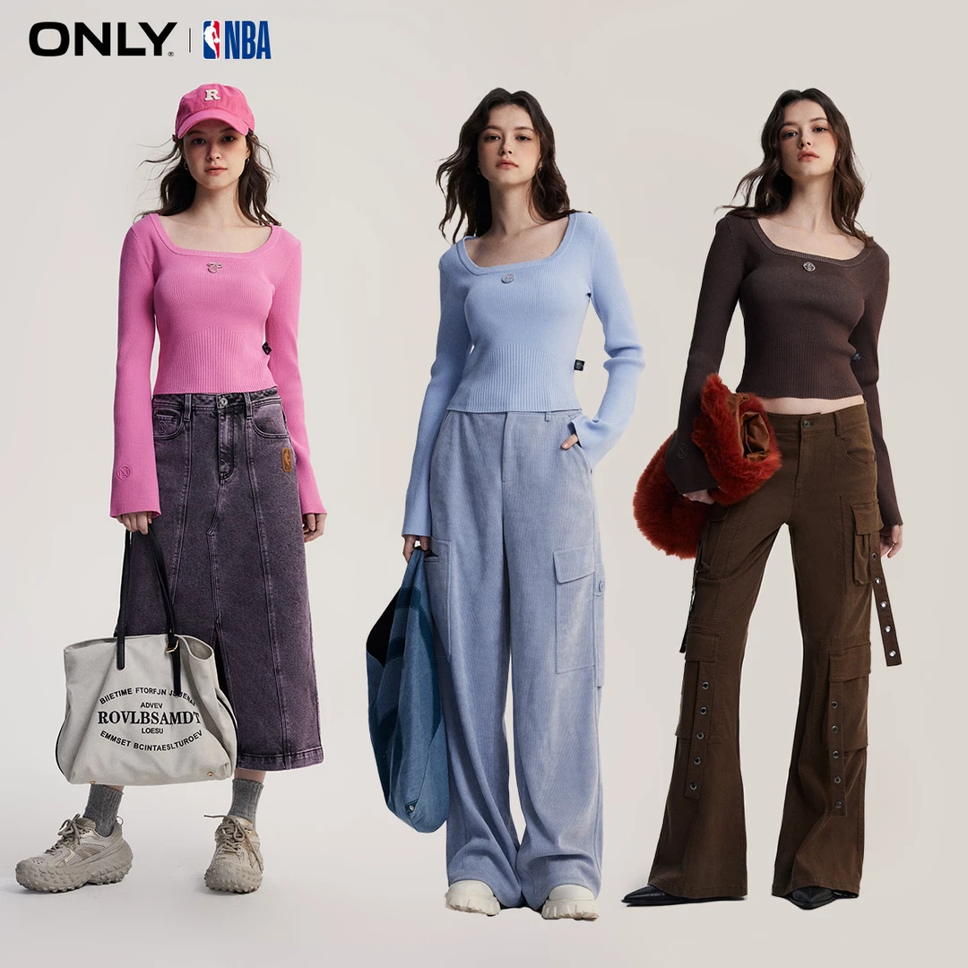 ONLY2024秋季新款NBA联名修身显瘦方领螺纹长袖针织衫女124124011