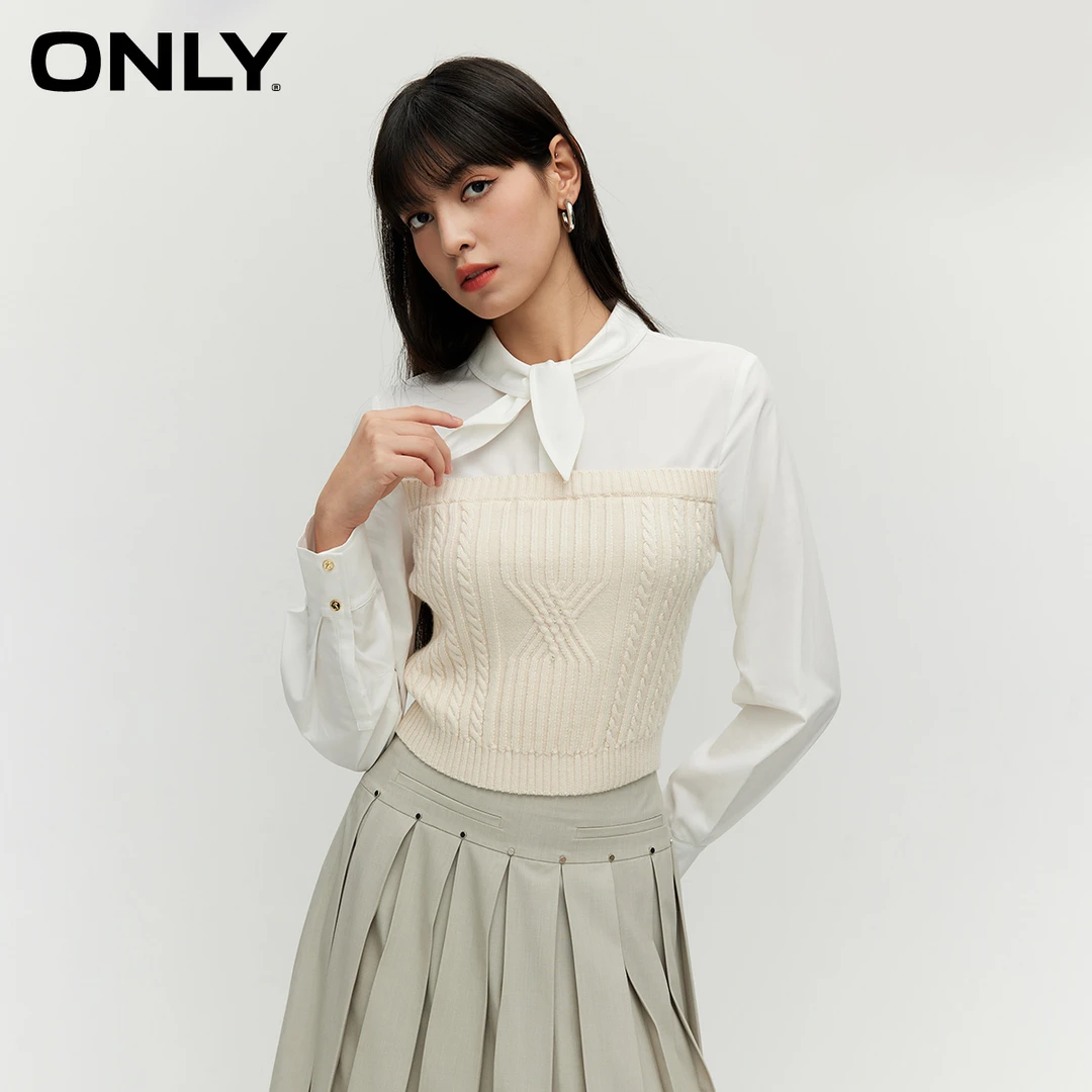 ONLY早秋新款小众百搭学院风翻领针织拼接雪纺衫女|123451003