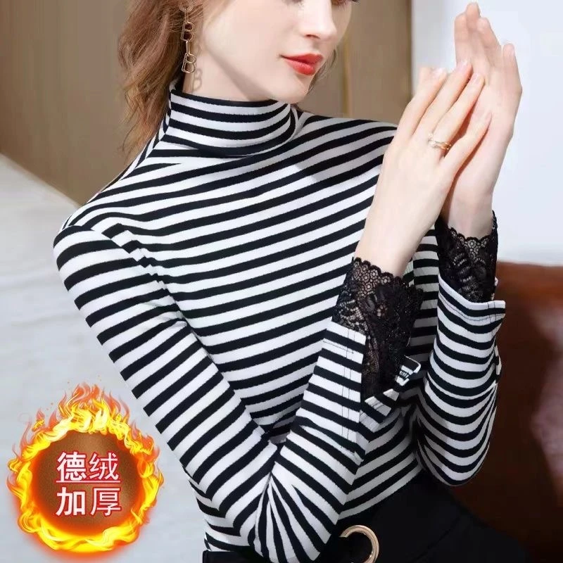 秋冬德绒加厚半高领条纹打底衫蕾丝百搭时尚双面绒T恤上衣
