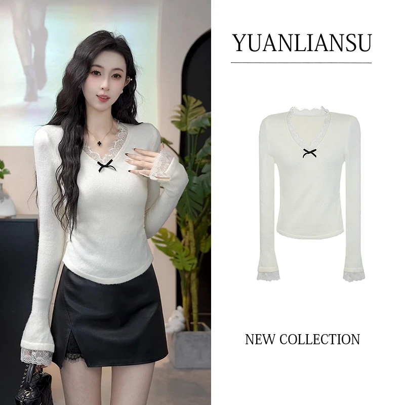 YUANLIANSU/圆脸酥【小桃雾】温柔风气质V领蕾丝拼接长袖显瘦针织衫